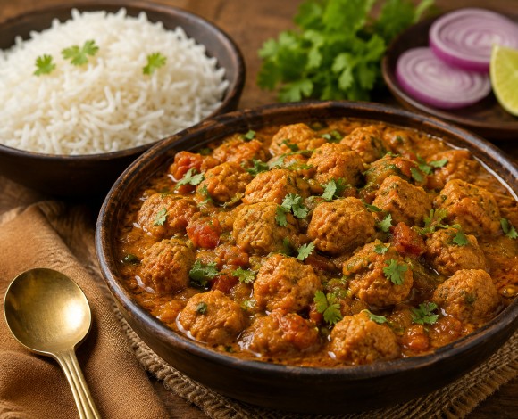 Bowl of Indian soya chunks masala curry garnished with coriander, served with rice, warm homestyle food photography