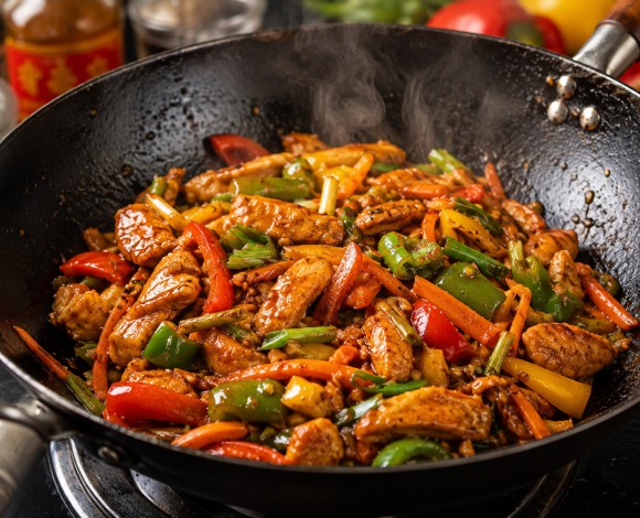 Colorful vegetable and protein stir-fry in a wok, capsicum and carrots, Indo-Chinese style cooking, steam rising
