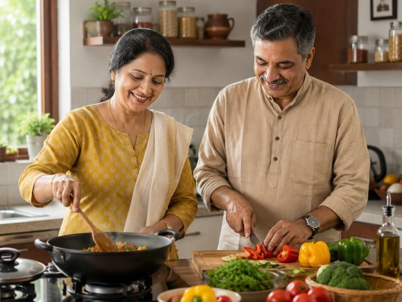Middle-aged or older Indian couple cooking together in a home kitchen, warm domestic setting, natural daylight