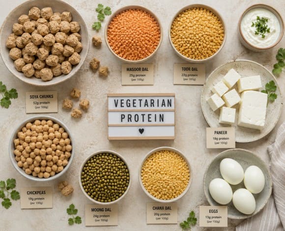 Table spread of Indian vegetarian protein foods — soya chunks, lentils, paneer, eggs flat lay comparison, natural light