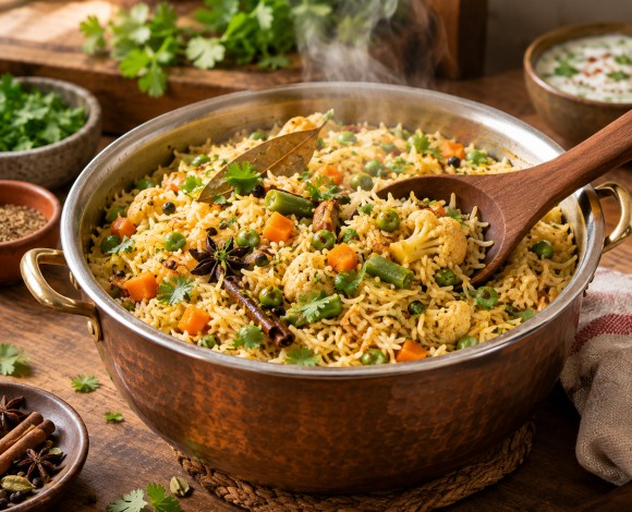 a steaming pot of vegetable pulao with peas and whole spices, with a wooden ladle