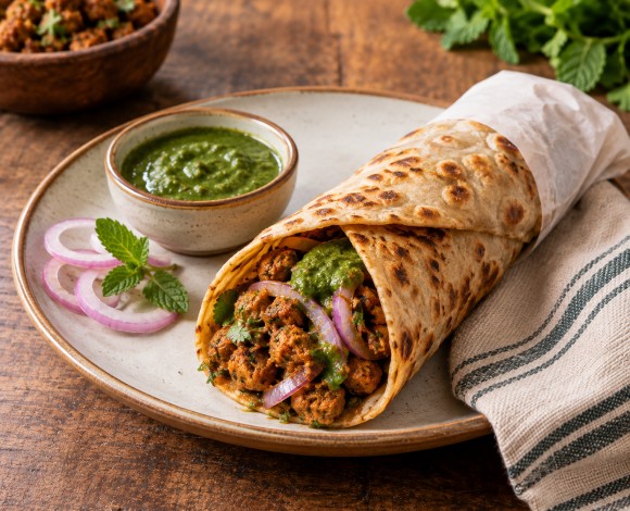 a roti wrap filled with spiced soya, onion rings and mint chutney, served on a plate with a napkin.