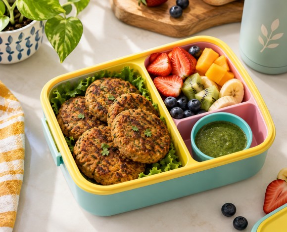a colourful lunchbox with cutlets, cut fruit and a small chutney container on a bright kitchen counter.