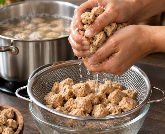hands squeezing boiled soya chunks over a sieve, with a pot of water in the background.