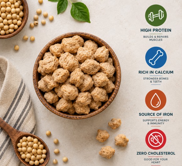 a clean flat-lay of soya chunks with icons for protein, calcium, iron and zero cholesterol