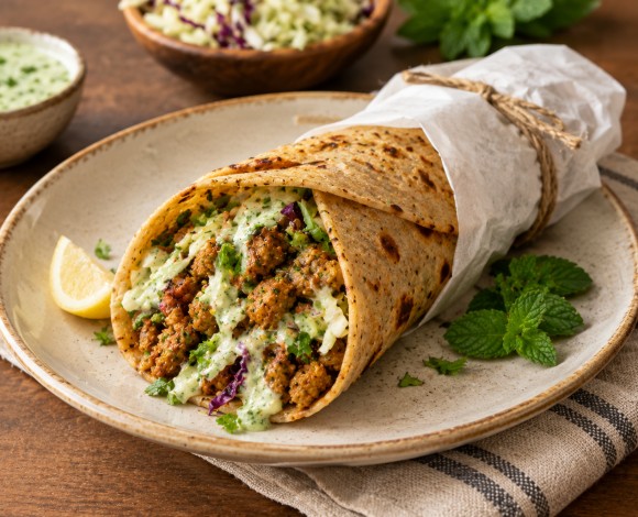a roti wrap filled with cooked soya, cabbage and mint-curd sauce, on a plate with a napkin.