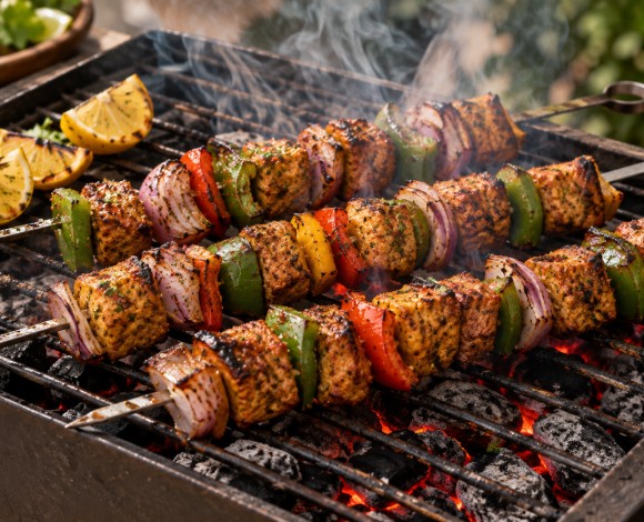 soya, capsicum and onion on skewers on a charcoal grill, with smoke and lemon wedges.