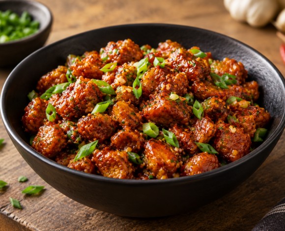 glossy chilli garlic soya pieces garnished with spring onion in a black bowl